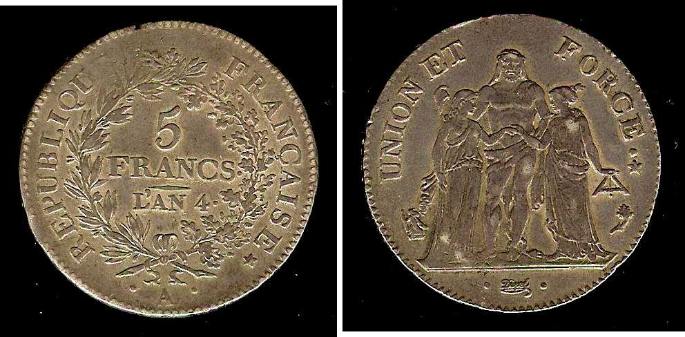5 francs Union et Force, Union serré 1796 Paris SUP+